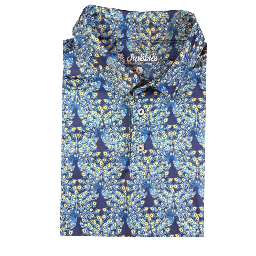 Chubbies Large Performance Polo Shirt Blue Peacock Feather Print Golf‎